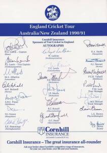 ENGLAND: Team sheets comprising 1990-91 to Aust/NZ (2); 1992 World Cup; 1996 v India; 1996 v Pakistan; 1996-97 to NZ; 1997; 1997 to Lahore & Sharjah (2); 1997 to Aust; 1998 v Sth Africa; 1998 3rd Test; 1998 to West Indies; 1998-99 to Aust; 1999 World Cup;