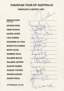 PAKISTAN: Team sheets comprising 1992 to Aust; 1992 World Cup; 1992-93 to Aust/NZ; 1996 to England; 1996-97 to Aust; 2001 to England (17 signatures on 3 pages; also Pakistan "A" (1). G/VG.