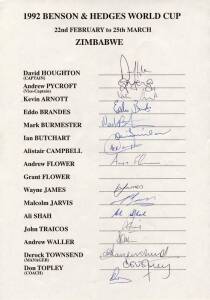 ZIMBABWE: Team sheets comprising 1992 World Cup (2); 1999 World Cup; 2000 to England; 2003 to England (20 signatures on 2 pages). G/VG.