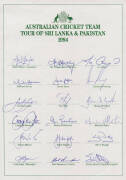 1994 Australian Team to Sri Lanka & Pakistan, official team sheet with 18 signatures including Mark Taylor (captain), Shane Warne & Damien Fleming. Fine condition. Scarce. [Mark Taylor's first tour as captain].