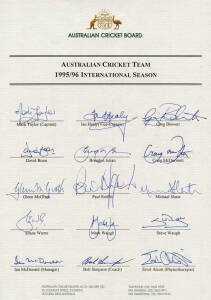 1995-96 Australian team for International Season, official team sheet with 15 signatures including Mark Taylor, Ian Healy, Steve Waugh & Shane Warne. VG condition. Scarce.