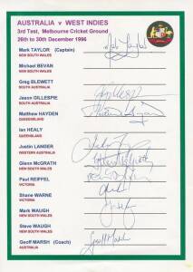 1996 Australian team v West Indies, Boxing Day test at MCG, privately produced team sheet with 9 signatures; plus another with only 2 signatures. Opportunity for buyer to get these completed.