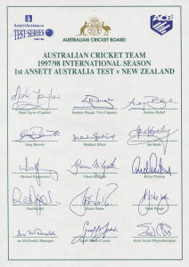 TEAM SHEETS, noted Australian team sheets (5) with facsimile autographs for 1997-98, 1998-99, 2001 & 2001-02 (2); plus Aust States team sheets (13). 