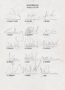 1999 Australian Team to World Cup, team sheet with 15 signatures including Stephen Waugh (captain), Shane Warne & Adam Gilchrist. Fine condition. RARE. [Australia won the 1999 World Cup].