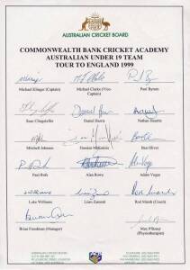 1999 Australian Under 19 team to England, official team sheet with 17 signatures including Michael Clarke, Daniel Harris & Mitchell Johnson.