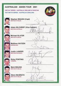 2001 Australian team for Ashes Tour, privately produced team sheets (23 signatures on 3 pages).