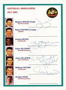 2003 Australia v Bangladesh, Australian team sheet (6 signatures on 2 pages); plus 2003 Bangladesh (16 signatures on 2 pages).