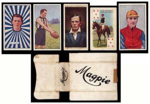 c1921-28 sports cards, noted J.J.Schuh 1921 Rays [6/40], 1922 footballers [15/60] & jockeys (2); also Wills "Cricketers 1928" [50] 7 Anon "Jockeys & Owners Colours" (27). Also 1935 football fixture & Magpie Cigarettes boxes (2).