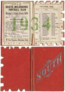 SOUTH MELBOURNE: Member's Season Ticket for 1934, with fixture list & hole punched for each game attended. Fair/Good condition.