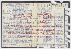 CARLTON: Member's Season Tickets for 1940, 1946 & 1949, each with fixture list & hole punched for each game attended. G/VG condition.