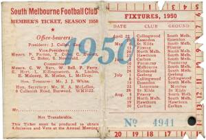 SOUTH MELBOURNE: Member's Season Tickets for 1950, 1951, 1952, 1953, 1954, 1955, 1956, 1957, 1958 & 1959, each with fixture list & hole punched for each game attended. Fair/Good condition.