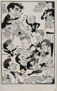 CARLTON: c1956-61 original b&w cartoons (2) by Age cartoonist Samuel Wells, one featuring new coach Jimmy Francis and his team; other featuring John James (1961 Brownlow Medallist), each about 28x46cm.