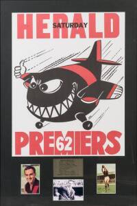 ESSENDON: "1962 Premiers" display comprising reprinted 1962 Weg poster, window mounted with Mobil cards for Jack Clarke (signed) & Ken Fraser, framed & glazed, overall 68x99cm. With CoA.