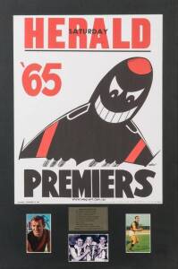 ESSENDON: "1965 Premiers" display comprising reprinted 1965 Weg poster, window mounted with Mobil cards for Ken Fraser (signed) & Jack Clarke, framed & glazed, overall 68x99cm. With CoA.