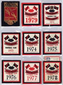 ESSENDON: Member's Season Tickets for 1970, 1972 (Centenary Year), 1973, 1974, 1975, 1976, 1977, 1978 & 1979, each with fixture list & hole punched for each game attended; plus 1978 VFL Supporters' Club ticket for 4 night games. Fair/Good condition.