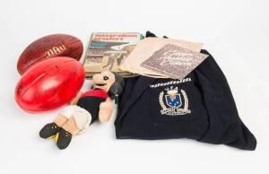 FOOTBALL & CRICKET COLLECTION, noted nice VFA Blazer; c1985 Essendon signed football; 1984 & 1985 Essendon figurines; Bomber mascot doll; LP record & singles (2); also c1974-75 Ampol "NRL mascot stickers" (12) stuck on card; range cricket cards & ephemera