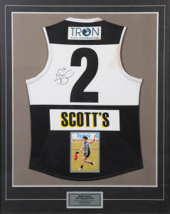 PORT ADELAIDE GROUP, noted Jeremy Clayton signature on match-worn Port Adelaide jumper, window mounted, framed & glazed, overall 95x115cm; print "P.A.F.C. - The Greatest Team of the Greatest Club" signed by Russell Ebert & the artist, window mounted, fram