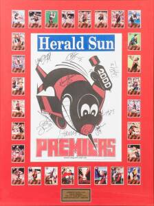 ESSENDON: "2000 Premiers" display comprising 2000 Weg poster with 8 signatures including Kevin Sheedy & James Hird, window mounted with Select "Essendon 2000 AFL Premiers" cards [28], framed & glazed, overall 87x112cm.