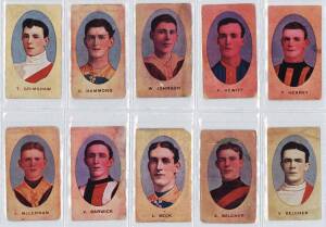 1904-13 Sniders & Abrahams football cards, noted 1904 (1), 1905-06 (5), 1906-07 (4), 1907-08 (8), 1908-09 (13), 1909-10 (27), 1910-11 Rays (2), 1911-12 Pennant (1), 1912-13 Star (2), 1913-14 Shield (3) & 1908-09 "Incidents in Play" (1). Poor/VG.