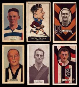 1922-39 football cards, noted Wills "Footballers 1933" (79); 1933 Allens [44/144]; 1933 Carreras "Bob Miram caricatures" [30/72] & "Personality Series" [5/73]; 1933 Godfrey Phillips [7/50] & [6/75]. Poor/G.