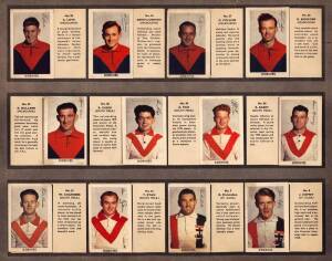 1950 Kornies "Victorian Footballers", almost complete set [61/64] plus 42 spares, stuck down in album. Poor/G.