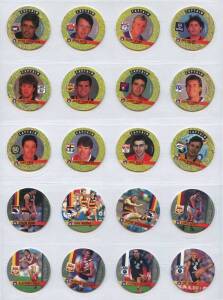 1994-95 football Pogs in album, noted 1995 Crown Andrews base sets [80 x 2 sets], Kini slammers [16 x 6], Blue Foil Captains [16] & Blue Foil Club Logos [16]; 1994 Coca-Cola Pogs for Vic [40], SA [40] & WA [40]; plus 1995 Coca-Cola Pogs for Vic [47], SA [