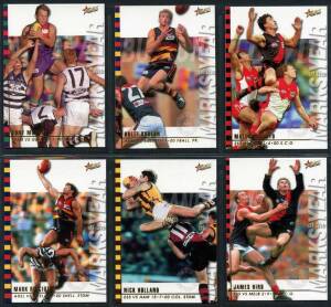 2001 football cards in album, noted Select Base set [220], Marks of the Year [6], Promo cards (4), Medal Cards [5], Premiership Predictors [17], All Australian [22], others (55); Herald-Sun "Tattoos" [25]; Sydney Member's Season Tickets (2). G/VG.