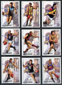 2002 Select football cards in album, noted Base set [220], All Australian [22], Bonus Cards [5], Medal Cards [5], Tribute Cards [4], Kevin Bartlett Legend Card, Tony Lockett Second Coming, Premiership Predictor [14/16], others (22). G/VG.