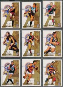 2002 Select SPX football cards in album, noted Base set [220], All Australian [22], Bonus Cards [5], 300 Games [3], Medal Cards [5], Tribute Cards [4], Legend Cards [2], Brisbane Predictor & Premiership [4], others (22). G/VG.