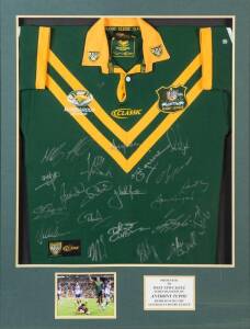 ANTHONY TUPOU, Kangaroos jersy with 20 signatures, window mounted with plaque "Presented to West Newcastle, in recognition of Anthony Tupou representing the Australian rugby League, framed & glazed, overall 86x111cm. Provenance: Sydney Roosters collection