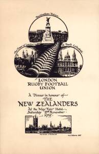 1935-36 ALL BLACKS TOUR TO UK: Dinner menu "London Rugby Football Union, A Dinner in honour of The New Zealanders, At the Mayfair Hotel, Saturday 2nd November 1935", with seating plan enclosed, and 6 signatures including Jack Manchester (captain), G.Gilbe