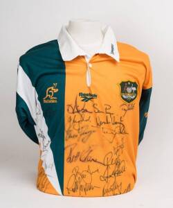 AUSTRALIAN "WALLABIES", c1997 Wallabies jersey with 29 signatures including George Gregan, Tim Horan & Steve Larkham. Some signatures bleeding.