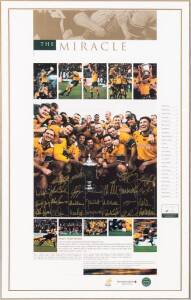 2000 BLEDISLOE CUP, display "The Miracle - Bledisloe Cup 2000", signed by Wallabies team, with 25 signatures including John Eales, George Gregan & Stephen Larkham, limited edition 87/500, window mounted, framed & glazed, overall 63x88cm. With CoA.