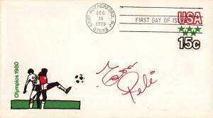 PELE: Nice signature on USA 1980 Olympics FDC. Note: USA did not compete in 1980 Olympics, but a decision had not been made when this FDC issued Dec.10 1979.