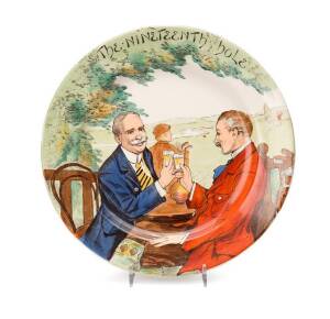 ROYAL DOULTON GOLFING PLATE: Plate "The Nineteenth Hole", with two men drinking in front of the golf course.