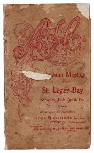 PHAR LAP RACE BOOK: Racebook "Autumn Meeting, St.Leger Day, Saturday, 19th April, 1930", shows Phar Lap in the AJC St.Leger (which he won), also shows 12th April placed horses including Phar Lap's win in The Chipping Norton Stakes. Racebook in Poor/Fair c