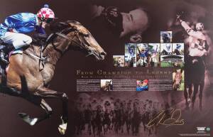 MAKYBE DIVA: "From Champion to Legend - How Makybe Diva Achieved Equine Immortality" print, signed by jockey Glen Boss, limited edition 395/500, size 79x53cm.