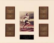 BETTY CUTHBERT'S WORLD RECORD PLAQUES, display comprising four World Record plaques -4x100m Relay 44.9 seconds 1.12.1956, Melbourne, Australia;4x100m Relay 44.5 seconds 1.12.1956, Melbourne, Australia (the Australian relay team - Shirley Strickland, Norma - 3