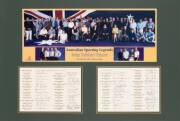 "AUSTRALIAN SPORTING LEGENDS - BETTY CUTHBERT TRIBUTE", display comprising large group photograph, window mounted with 57 signatures including John Newcombe, Herb Elliott, Ron Clarke, John Landy, Evonne Goolagong-Cawley, Alex Jesaulenko, Nick Farr-Jones,