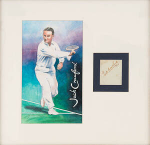 JACK CRAWFORD (winner of the Australian Open, French Open & Wimbledon in 1933), display comprising signature on piece, window mounted with original drawing by Chris Meadows, framed & glazed, overall 46x45cm. 