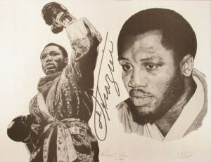 JOE FRAZIER, nice signature on lithograph "World Champion" by Richard Slone, signed by the artist & numbered 121/1000, window mounted, framed & glazed (glass cracked), overall 62x52cm.