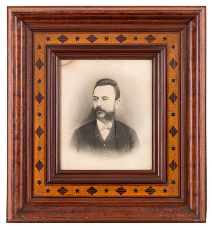 19th Century portrait of a gentleman in an Australian timber frame (cedar, blackwood, silky oak, tulip wood & others) with makers stamp verso "A.SCHRAMM". Frame size 78.5cm x  86cm