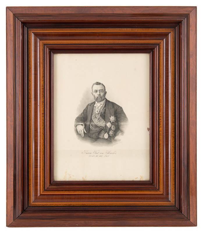 "Baron Ferd. Von Mueller" portrait lithograph in an impressive Australian native timber frame by A.SCHRAMM, cabinet maker, 60 Westgarth Street Fitzroy. Frame size 76 x 90cm