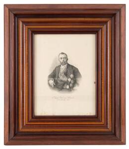 "Baron Ferd. Von Mueller" portrait lithograph in an impressive Australian native timber frame by A.SCHRAMM, cabinet maker, 60 Westgarth Street Fitzroy. Frame size 76 x 90cm