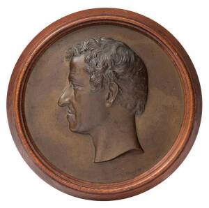 THOMAS WOOLNER bronze plaque of Governor Charles LaTrobe, signed "T.Woolner Sc,1853", housed in original timber frame. PROVENANCE: By direct family descent. Plaque 22cm.