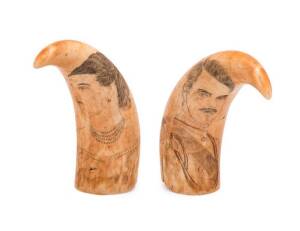 Pair of scrimshaw whales teeth with portraits, 19th Century. 14cm each.
