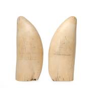 An impressive pair of scrimshaw whales teeth with scenes of tall ships & portraits. Weighing in at just under 2kg the pair, 18cm each