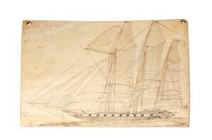 An engraved whale bone scrimshaw panel, 19th Century, titled "Elizabeth Jane" lower left & on the reverse. 21.5cm x 15cm