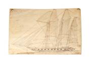 An engraved whale bone scrimshaw panel, 19th Century, titled "Elizabeth Jane" lower left & on the reverse. 21.5cm x 15cm