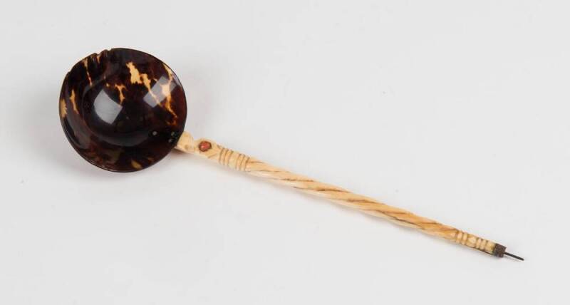 Whalebone & tortoise shell ladle with inset coral bead, 19th Century. 22cm.